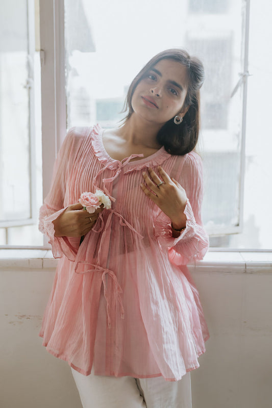 Soft Peony Frill Pintuck Top