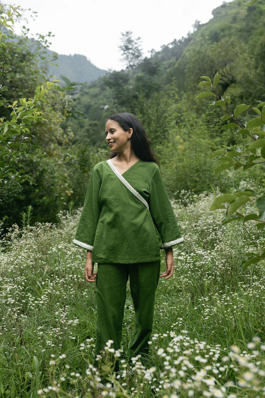 Neem Green Lace Linen Angrakha Set 🌿