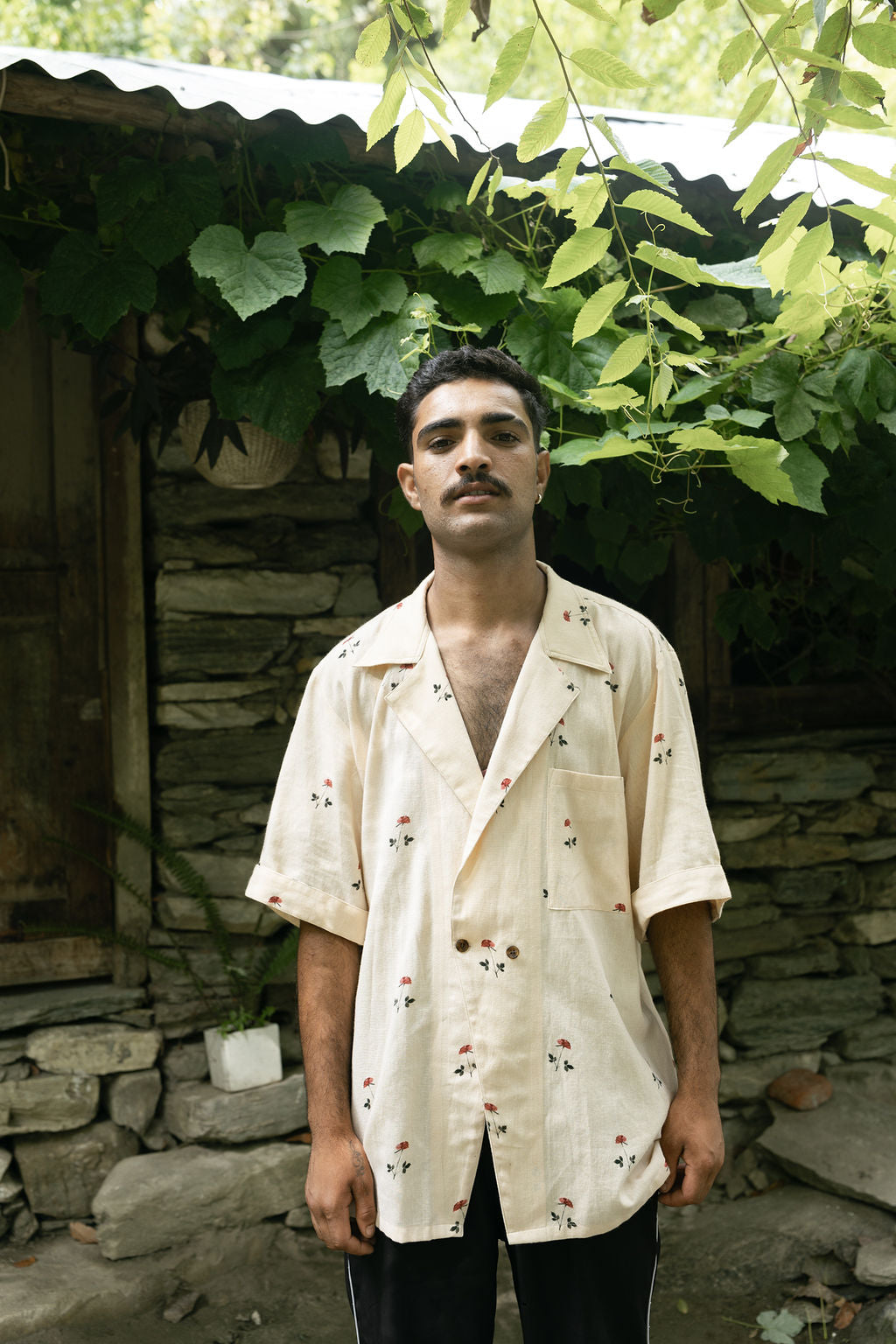 Beige Linen Rose Shirt (Men)