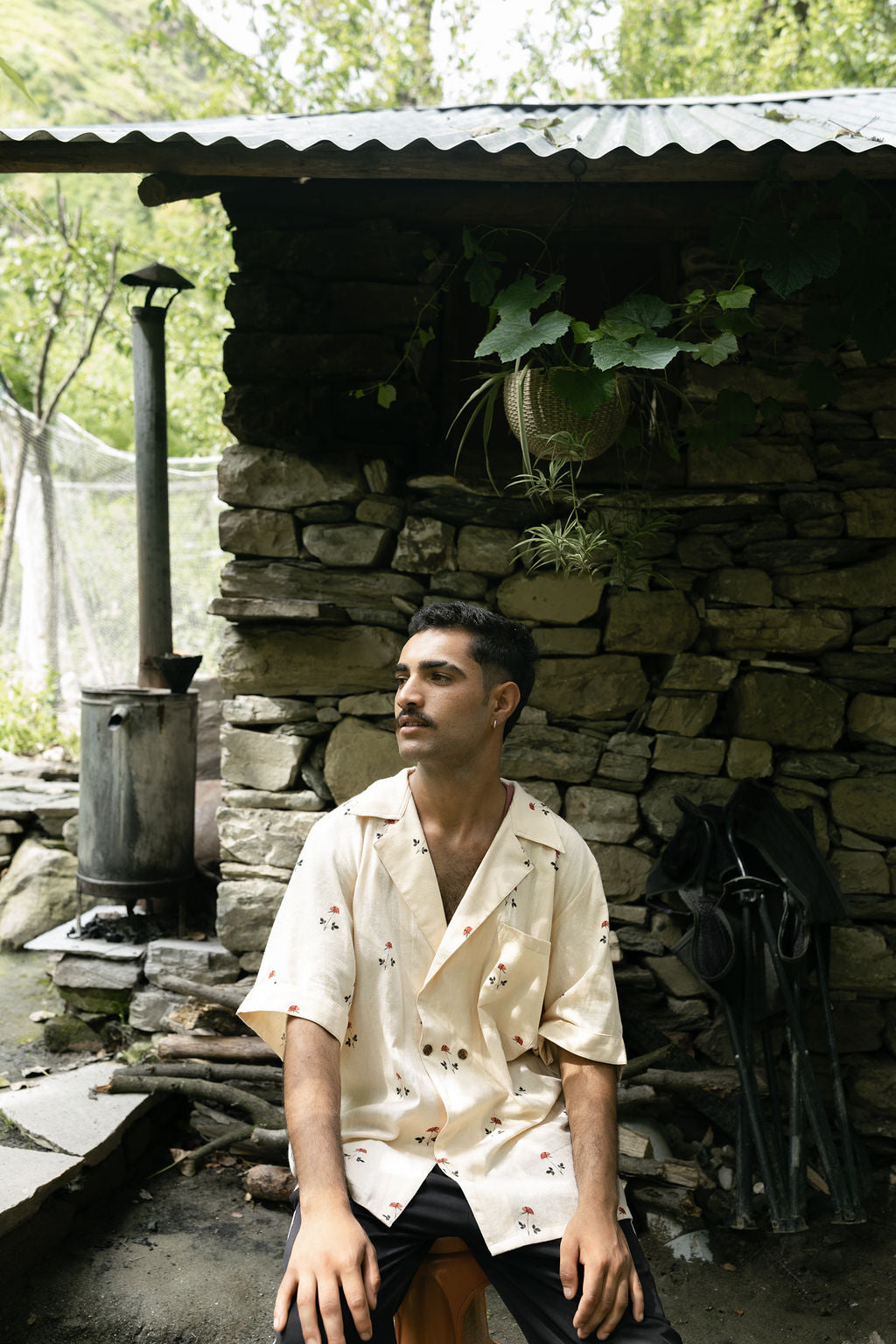 Beige Linen Rose Shirt (Men)