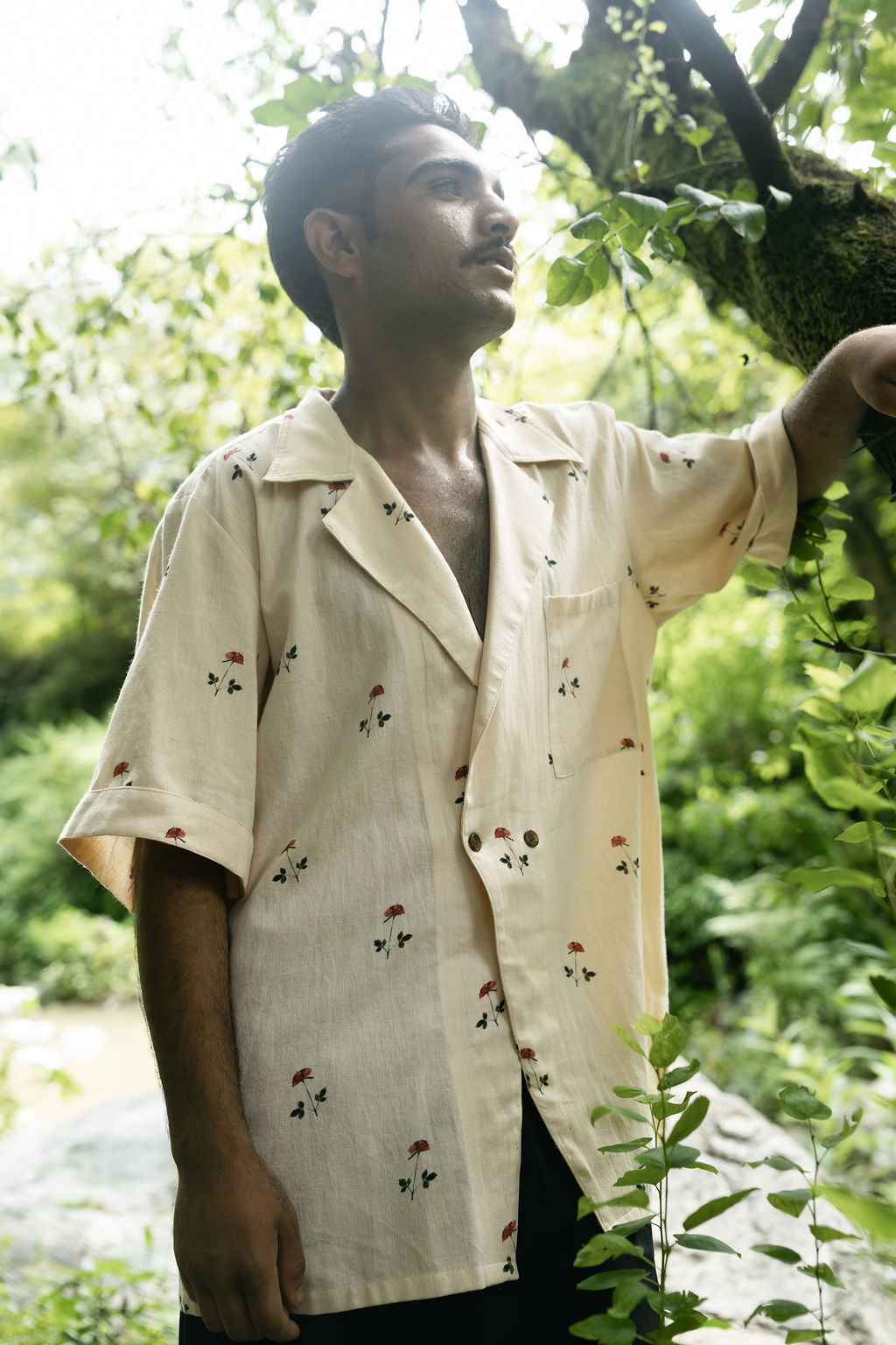 Beige Linen Rose Shirt (Men)