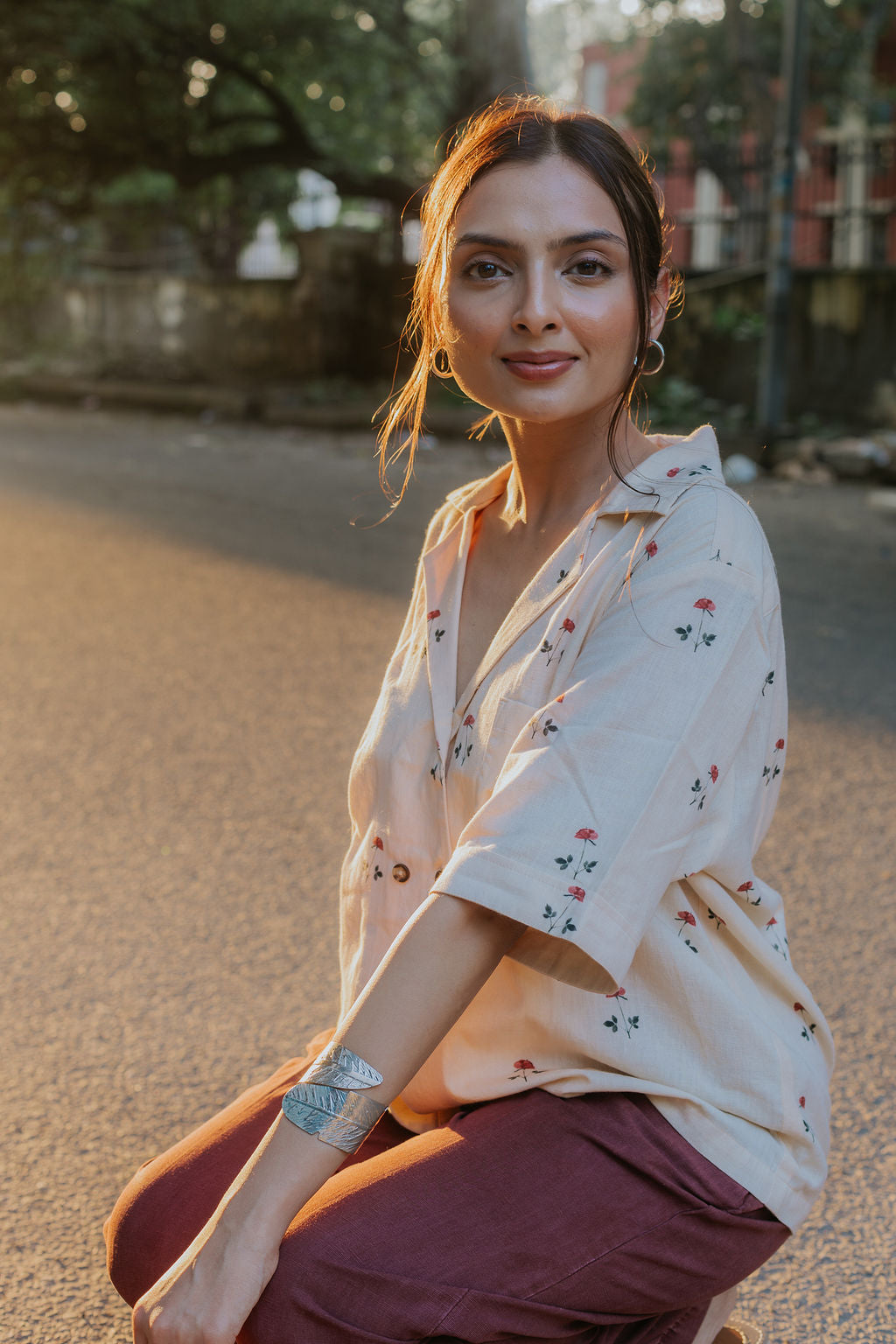 Beige Linen Rose Shirt (Women)