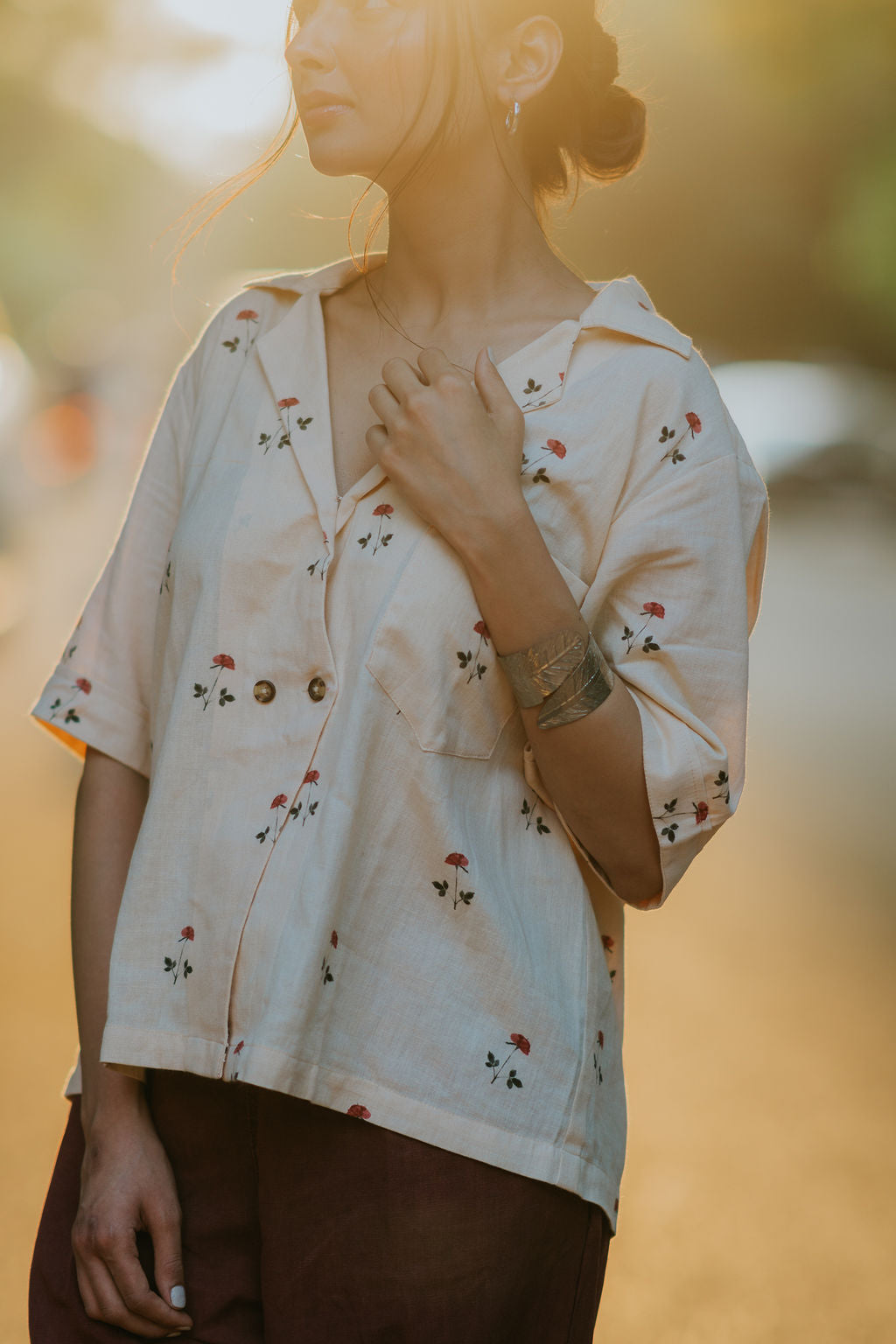Beige Linen Rose Shirt (Women)