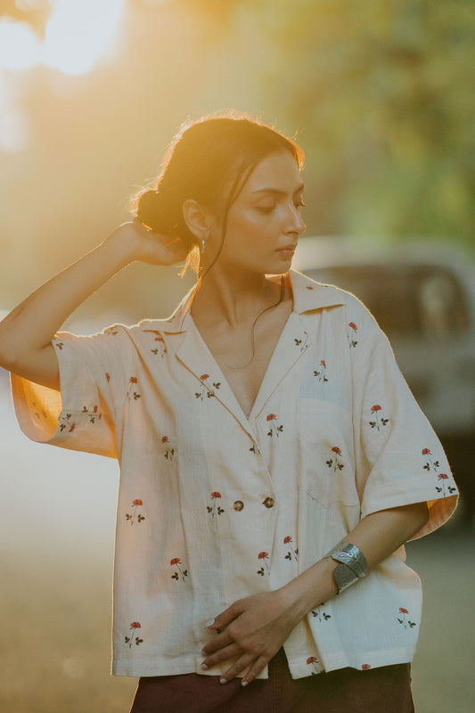 Beige Linen Rose Shirt (Women)