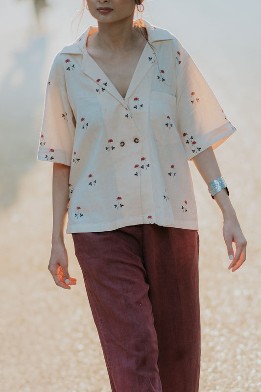 Beige Linen Rose Shirt (Women)