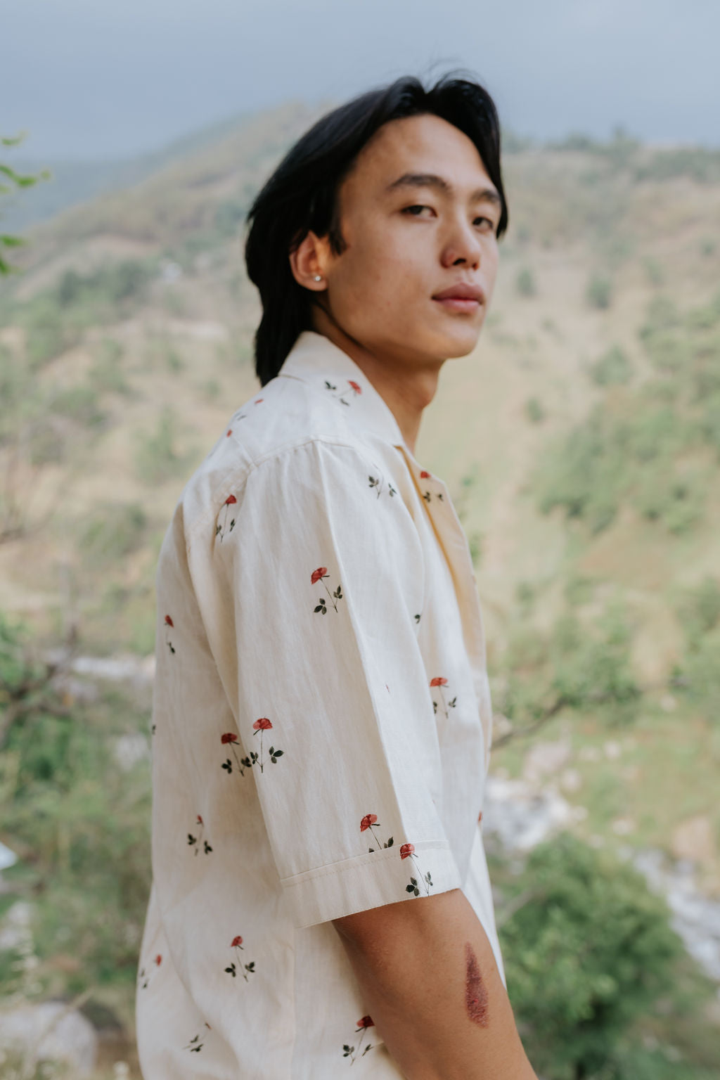Beige Linen Rose Shirt (Men)