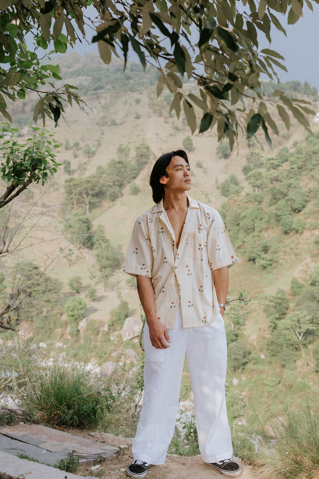 Beige Linen Rose Shirt (Men)